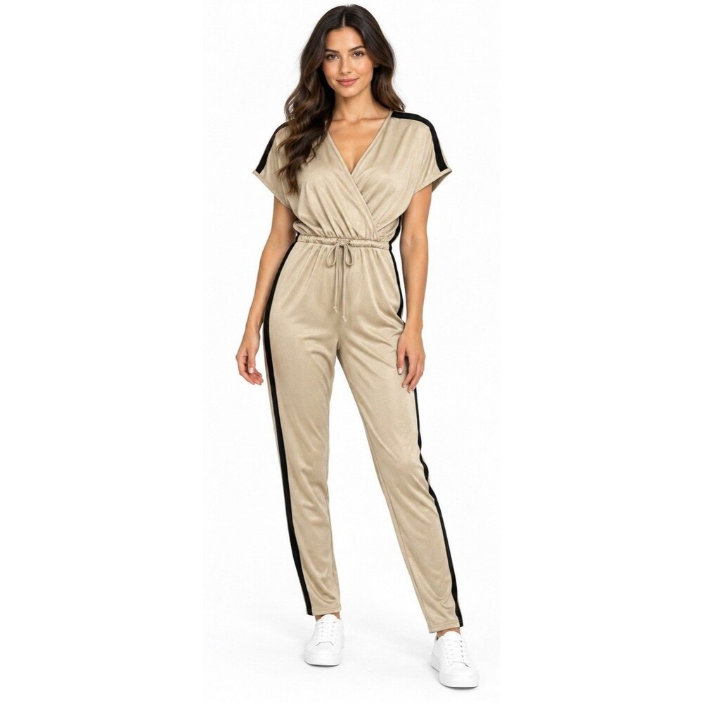 Kardashian Kollection S Gold Lurex Jumpsuit Black Stripe Surplice Tie Waist